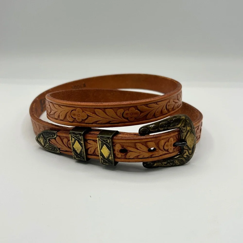 Justin Womens Tan Brown Floral Tooled Leather Western Ranger‎ Belt Size 34 3006A